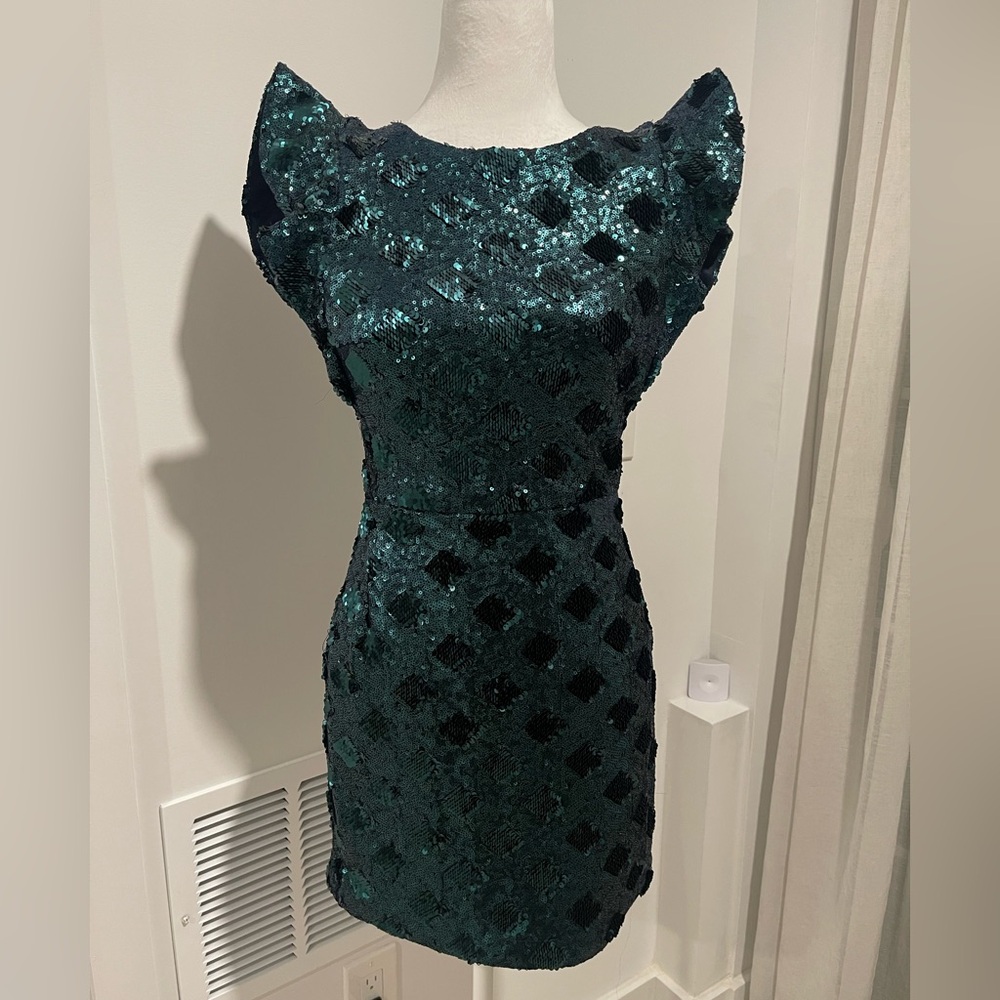 NWT ZARA SEQUIN DRESS EMERALD GREEN HOLIDAY WEDDING FORMAL MINI XS VELVET BOW